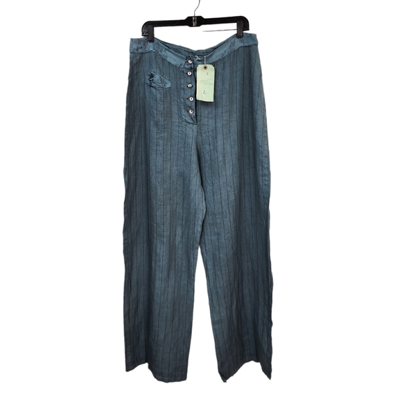 Cynthia Ashby Women's 100% Linen Stripe Button Fly Relaxed Straight Pant - L - Picture 1 of 8